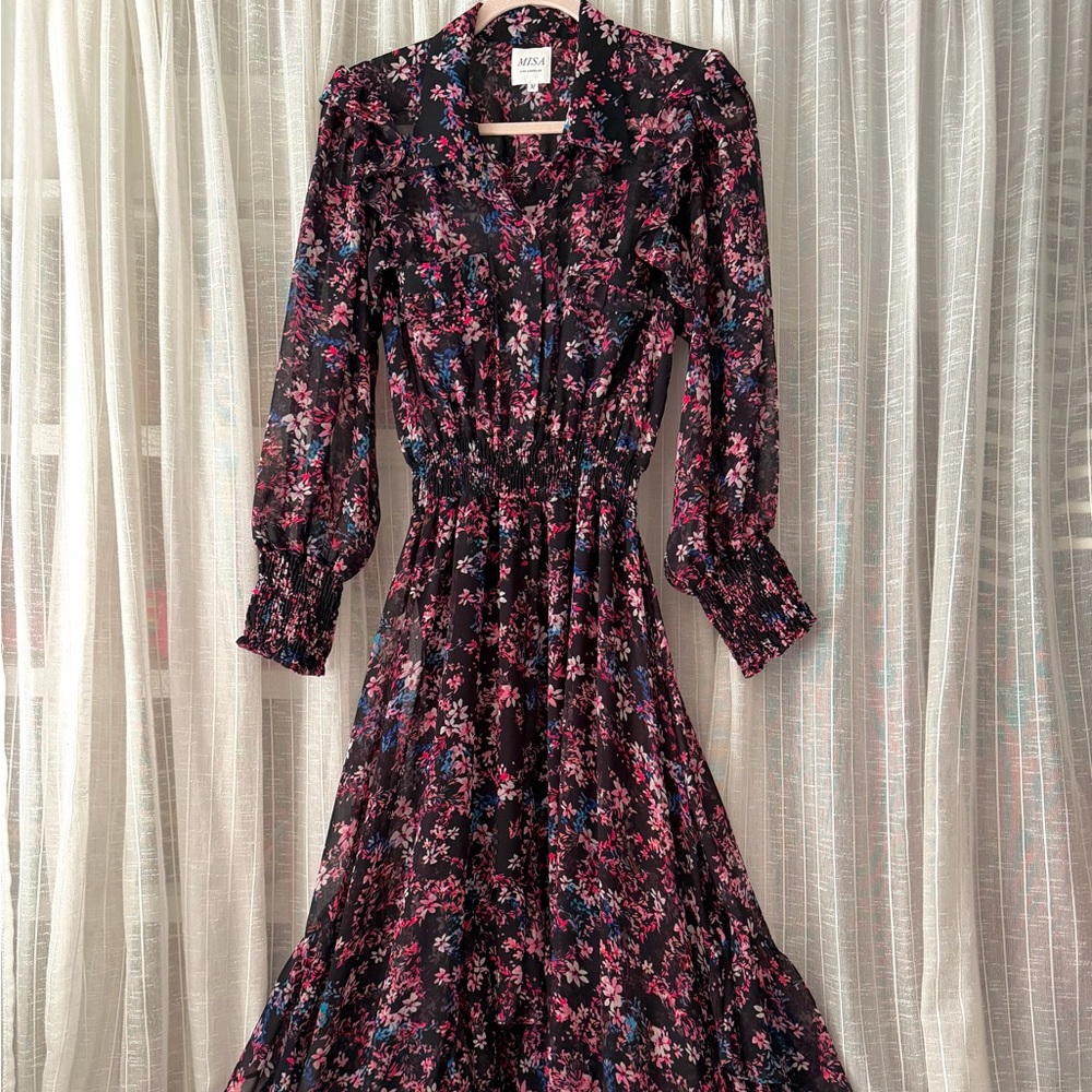 MISA LOS ANGELES Dark Plum Floral Long Sleeve Ruffled Midi Dress